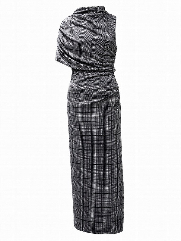 【新品DRESS 4344】グレンチェックワンショルドレープネックタイトロングドレス グレー【asos】